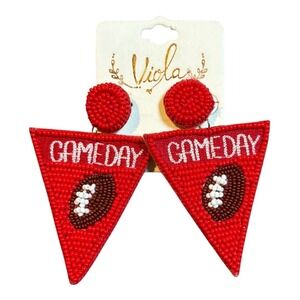 Viola Red Gameday Football Beaded Earrings Triangle Dangle Drop New